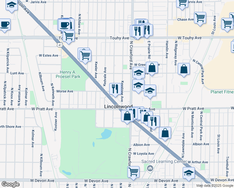 map of restaurants, bars, coffee shops, grocery stores, and more near 4065 Morse Avenue in Lincolnwood
