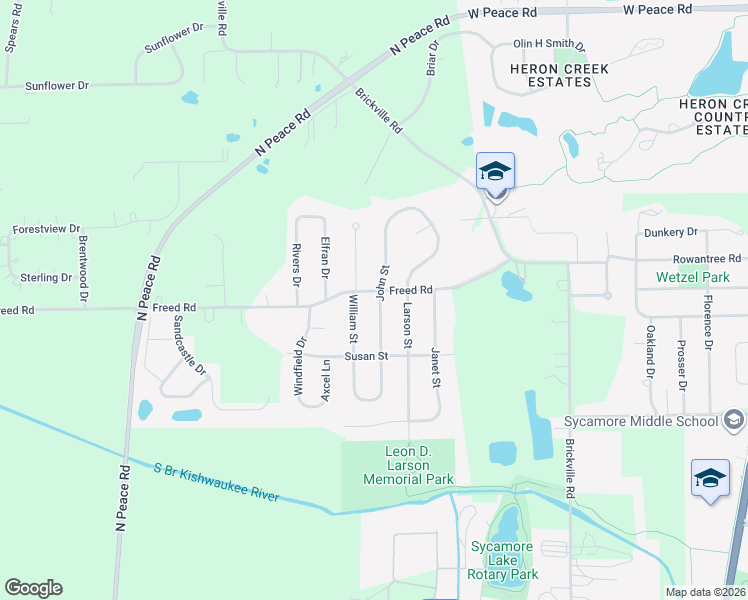 map of restaurants, bars, coffee shops, grocery stores, and more near 1461 John Street in Sycamore