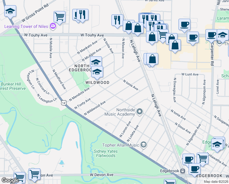 map of restaurants, bars, coffee shops, grocery stores, and more near 6854 North Wildwood Avenue in Chicago
