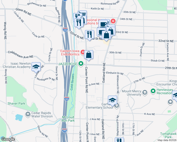 map of restaurants, bars, coffee shops, grocery stores, and more near 1708 Center Point Road Northeast in Cedar Rapids