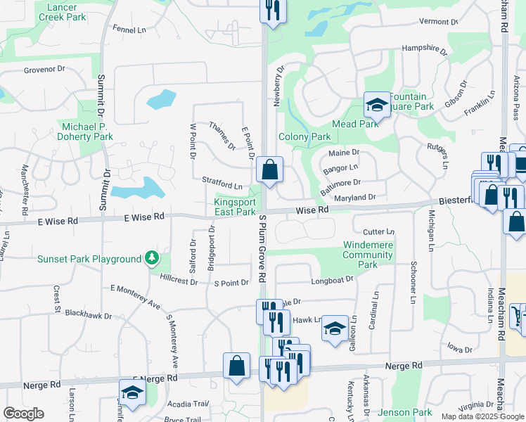 map of restaurants, bars, coffee shops, grocery stores, and more near S Plum Grove Rd & Wise Rd in Schaumburg