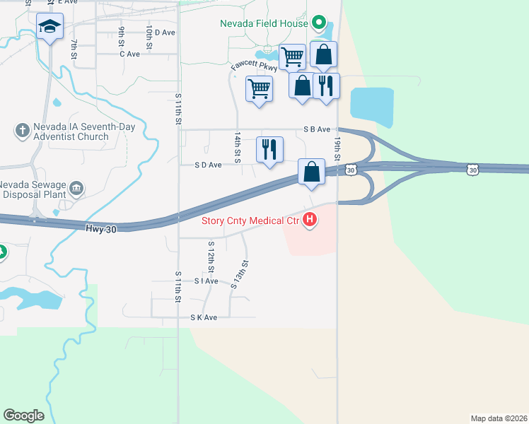 map of restaurants, bars, coffee shops, grocery stores, and more near 1305 South G Avenue in Nevada