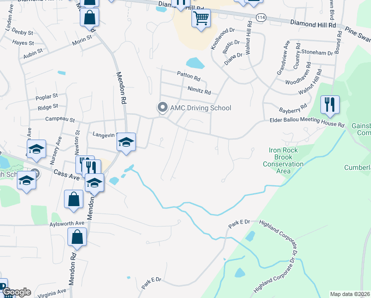 map of restaurants, bars, coffee shops, grocery stores, and more near 84 Annette Avenue in Woonsocket