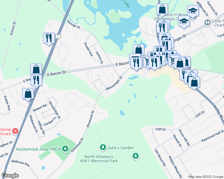 map of restaurants, bars, coffee shops, grocery stores, and more near 11 Messenger Street in Plainville
