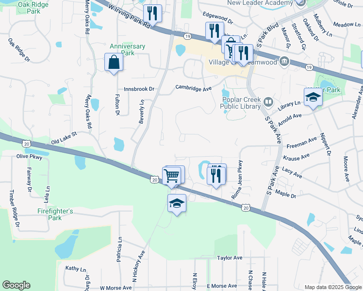 map of restaurants, bars, coffee shops, grocery stores, and more near 3013 Jamestown Court in Streamwood