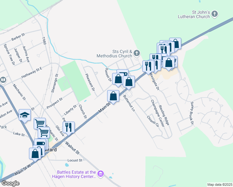 map of restaurants, bars, coffee shops, grocery stores, and more near 710 Main Street East in Girard
