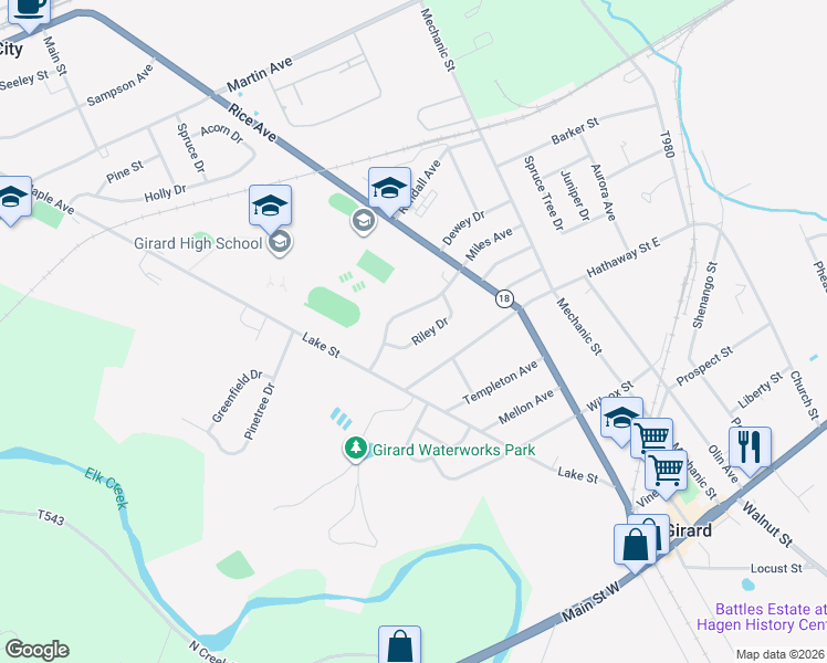map of restaurants, bars, coffee shops, grocery stores, and more near 401 Miles Avenue in Girard