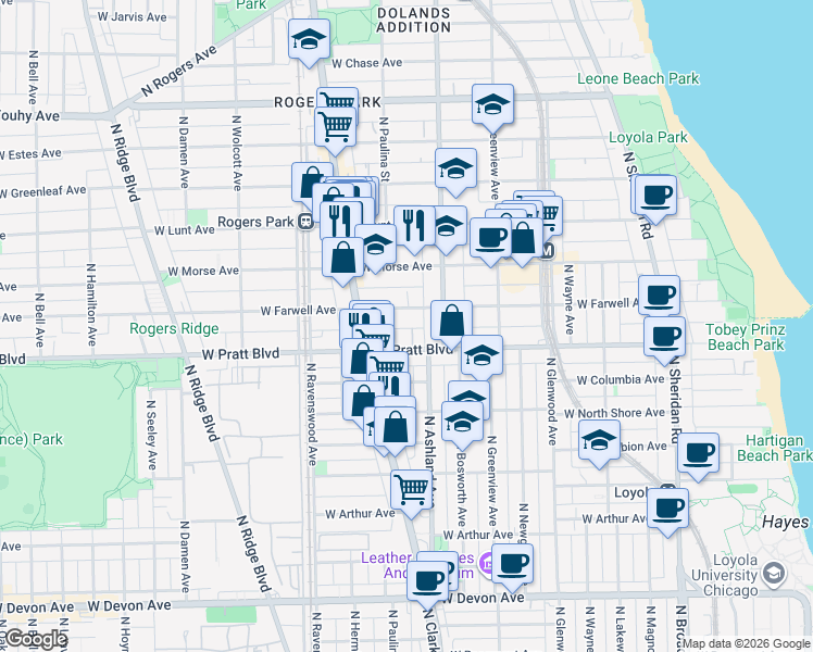 map of restaurants, bars, coffee shops, grocery stores, and more near 1648 West Pratt Boulevard in Chicago