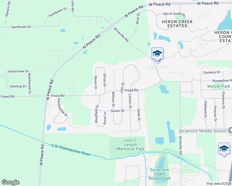 map of restaurants, bars, coffee shops, grocery stores, and more near 1461 John Street in Sycamore