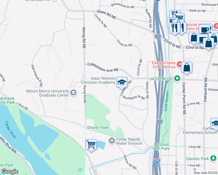 map of restaurants, bars, coffee shops, grocery stores, and more near 1700 Chestnut Ln NE in Cedar Rapids