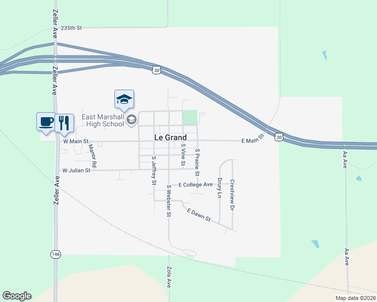 map of restaurants, bars, coffee shops, grocery stores, and more near 201-299 East Clinton Street in Le Grand