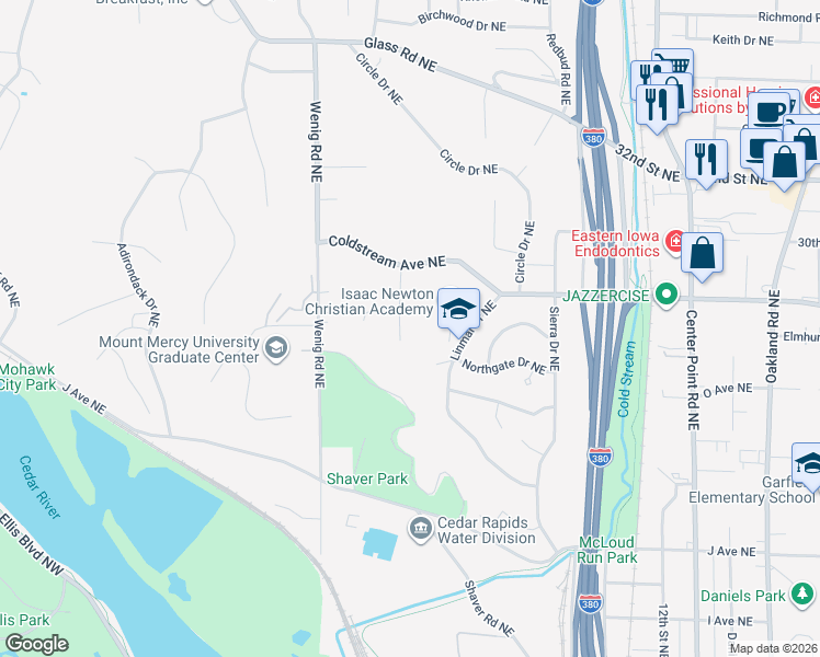 map of restaurants, bars, coffee shops, grocery stores, and more near 1700 Chestnut Lane Northeast in Cedar Rapids