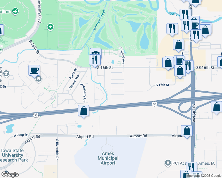 map of restaurants, bars, coffee shops, grocery stores, and more near Copper Beech Avenue in Ames