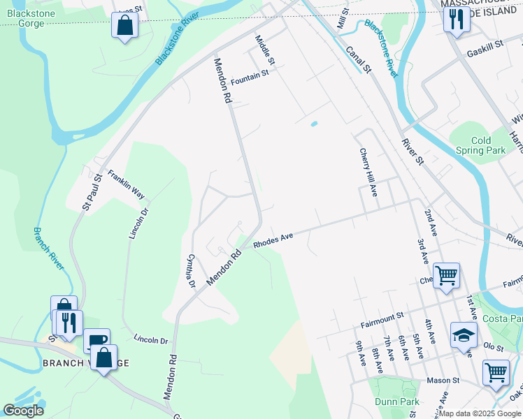 map of restaurants, bars, coffee shops, grocery stores, and more near 290 Mendon Road in North Smithfield