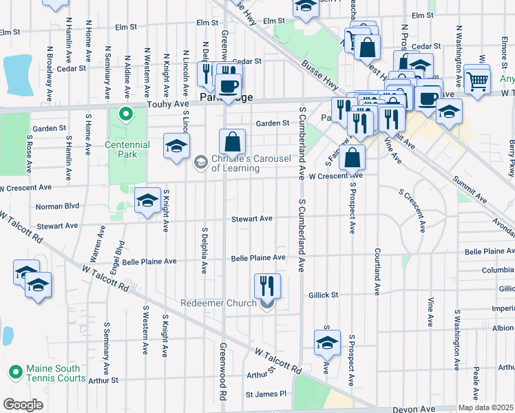 map of restaurants, bars, coffee shops, grocery stores, and more near 405 South Chester Avenue in Park Ridge