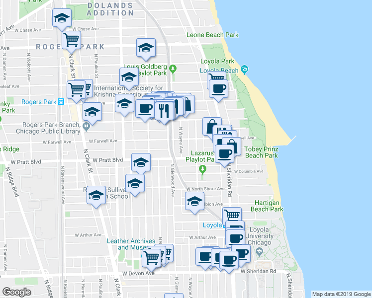 map of restaurants, bars, coffee shops, grocery stores, and more near 6817 North Wayne Avenue in Chicago