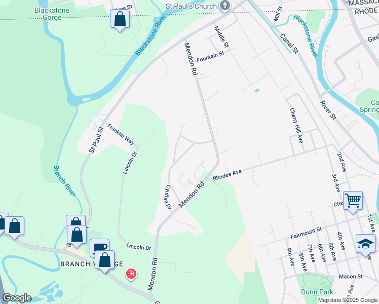 map of restaurants, bars, coffee shops, grocery stores, and more near 25 Cynthia Drive in North Smithfield