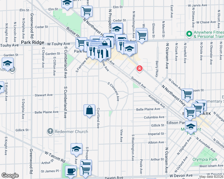 map of restaurants, bars, coffee shops, grocery stores, and more near 406 South Crescent Avenue in Park Ridge