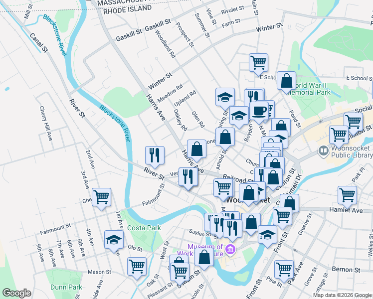 map of restaurants, bars, coffee shops, grocery stores, and more near 426 Blackstone Street in Woonsocket