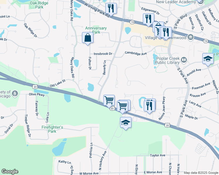 map of restaurants, bars, coffee shops, grocery stores, and more near 1105 Colony Court in Streamwood