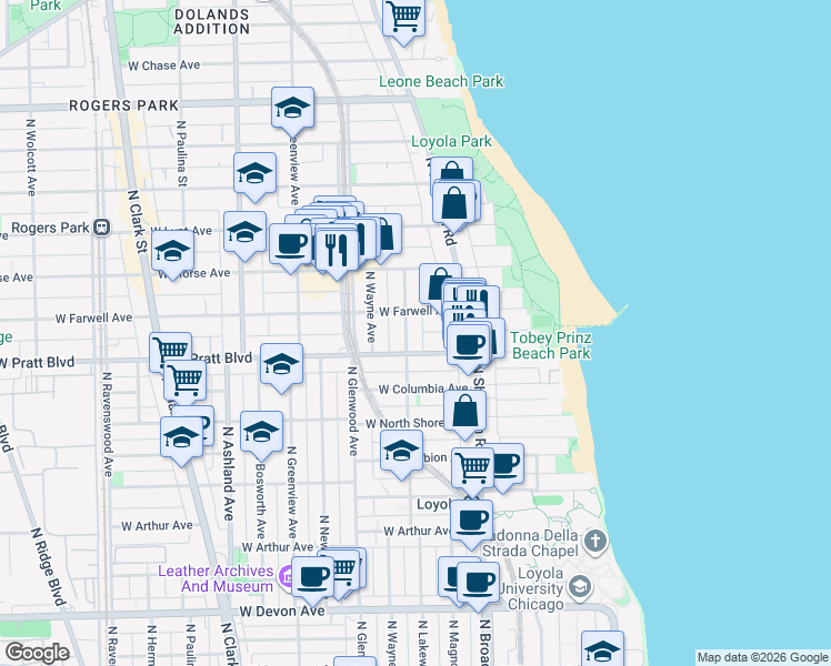 map of restaurants, bars, coffee shops, grocery stores, and more near 6815 North Lakewood Avenue in Chicago