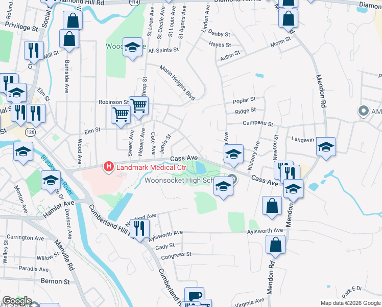 map of restaurants, bars, coffee shops, grocery stores, and more near 562 Cass Avenue in Woonsocket