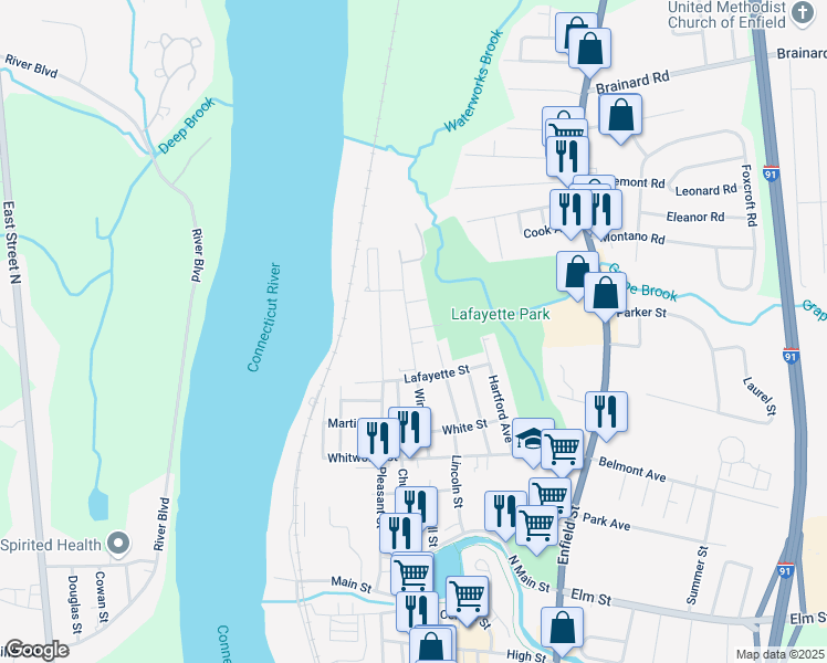 map of restaurants, bars, coffee shops, grocery stores, and more near 102 Windsor St in Enfield