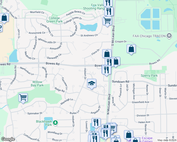 map of restaurants, bars, coffee shops, grocery stores, and more near 769 Hobart Drive in South Elgin