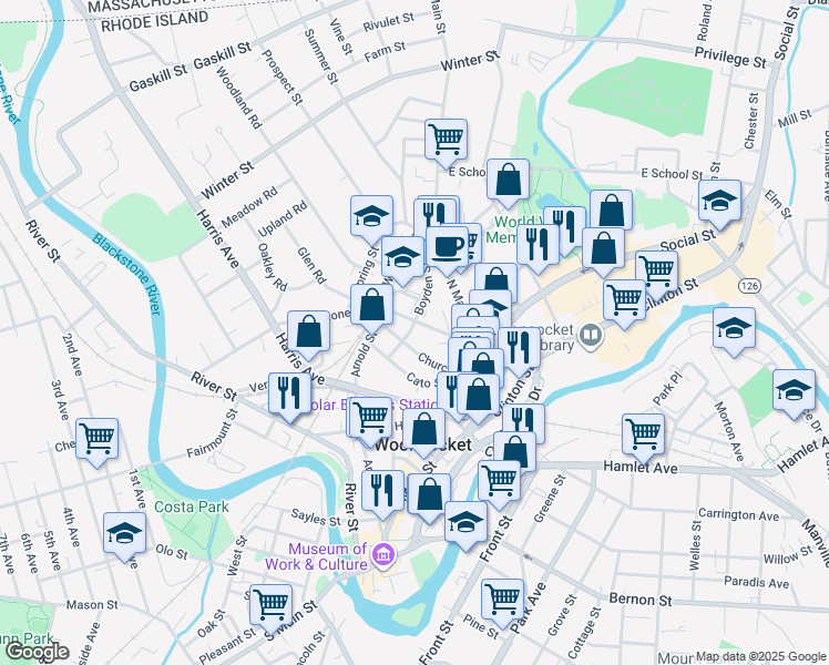 map of restaurants, bars, coffee shops, grocery stores, and more near 185 Church Street in Woonsocket