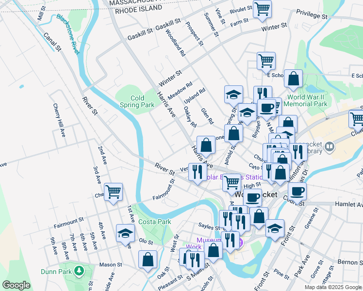 map of restaurants, bars, coffee shops, grocery stores, and more near 495 Blackstone Street in Woonsocket