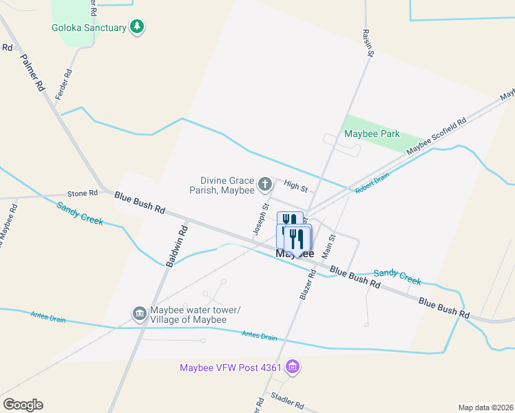 map of restaurants, bars, coffee shops, grocery stores, and more near 9117 Joseph Street in Maybee