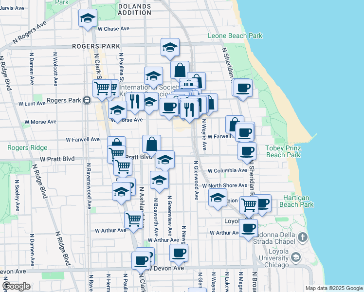 map of restaurants, bars, coffee shops, grocery stores, and more near 6811 North Greenview Avenue in Chicago