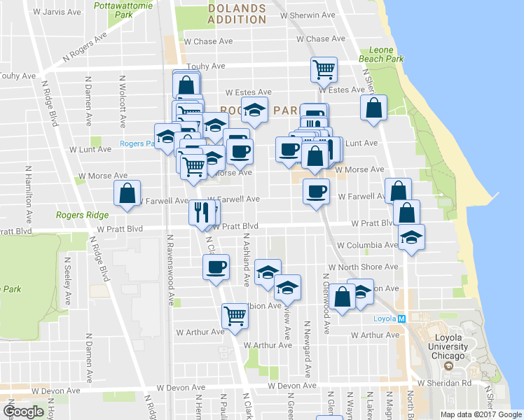 map of restaurants, bars, coffee shops, grocery stores, and more near 1524 West Pratt Boulevard in Chicago