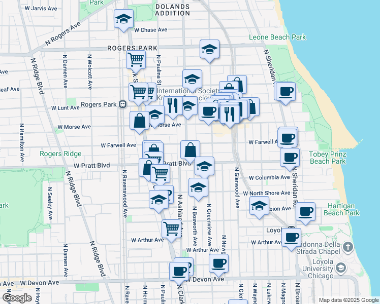 map of restaurants, bars, coffee shops, grocery stores, and more near 1524 West Pratt Boulevard in Chicago
