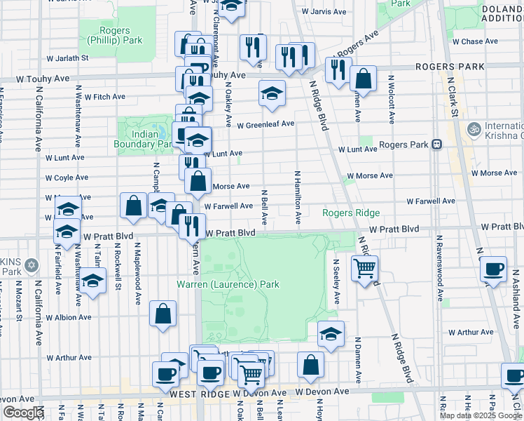 map of restaurants, bars, coffee shops, grocery stores, and more near 2139 West Farwell Avenue in Chicago
