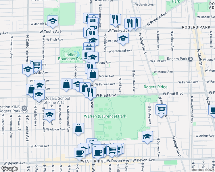 map of restaurants, bars, coffee shops, grocery stores, and more near 2307 West Farwell Avenue in Chicago