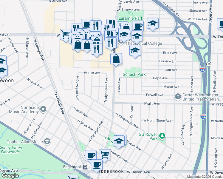 map of restaurants, bars, coffee shops, grocery stores, and more near 6842 North Central Avenue in Chicago