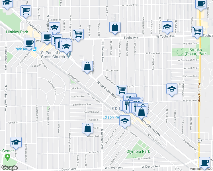 map of restaurants, bars, coffee shops, grocery stores, and more near 6863 North Northwest Highway in Chicago
