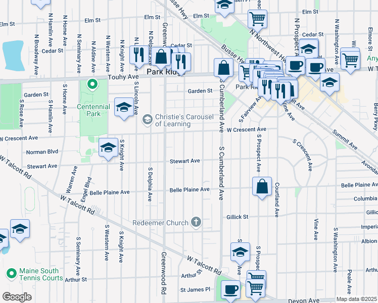 map of restaurants, bars, coffee shops, grocery stores, and more near 405 South Chester Avenue in Park Ridge