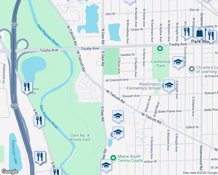 map of restaurants, bars, coffee shops, grocery stores, and more near in Park Ridge