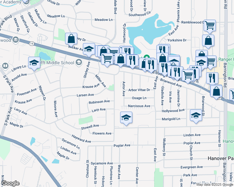 map of restaurants, bars, coffee shops, grocery stores, and more near 1605 McKool Avenue in Streamwood