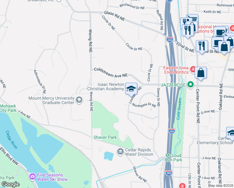 map of restaurants, bars, coffee shops, grocery stores, and more near 1700 Chestnut Ln NE in Cedar Rapids