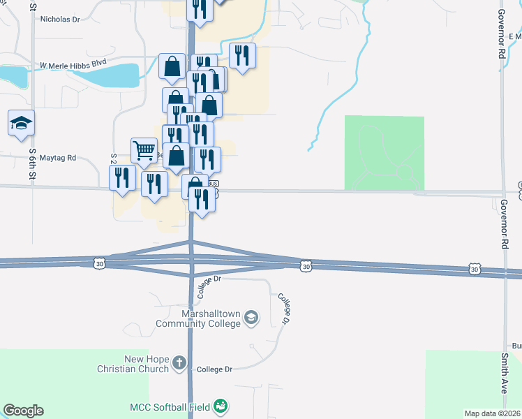 map of restaurants, bars, coffee shops, grocery stores, and more near 207 Iowa Avenue East in Marshalltown