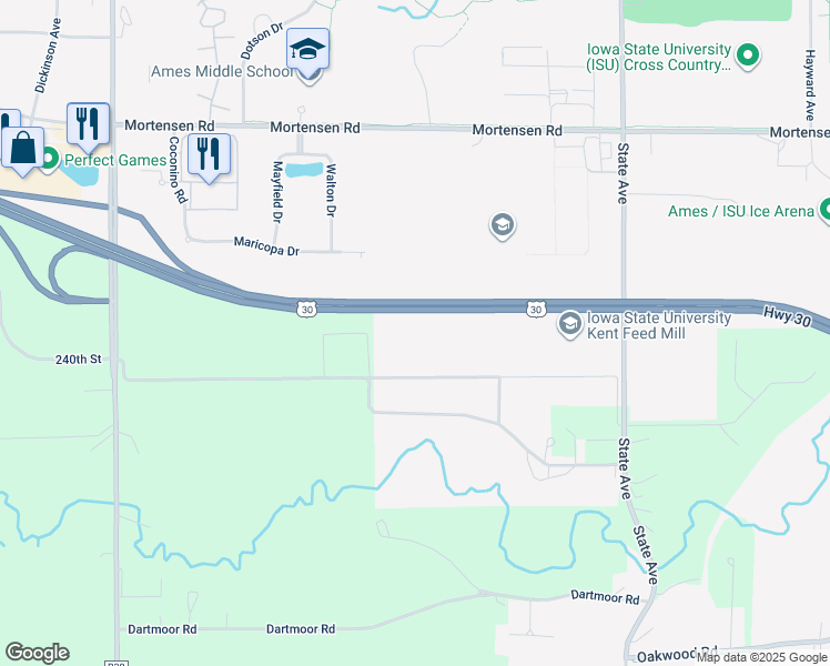 map of restaurants, bars, coffee shops, grocery stores, and more near U.S. 30 in Ames