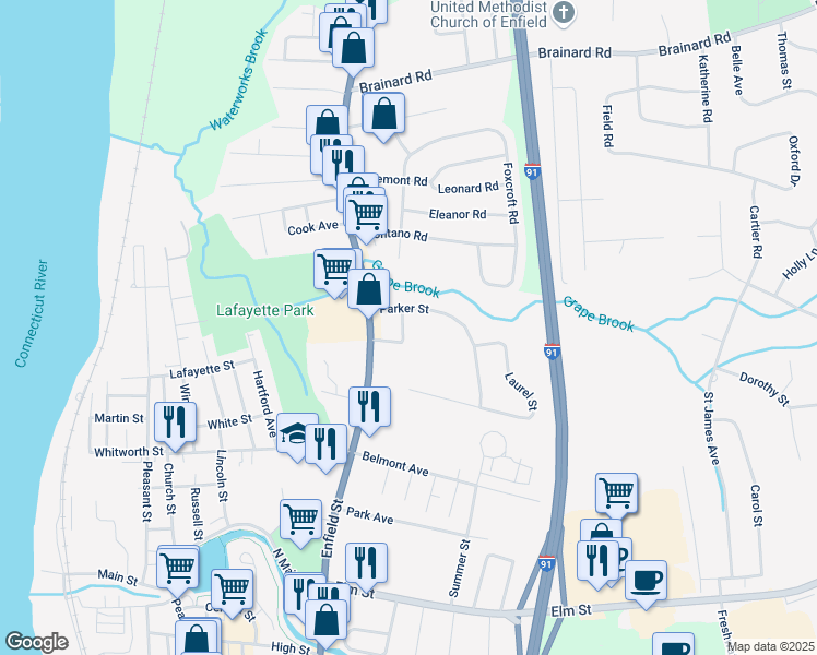 map of restaurants, bars, coffee shops, grocery stores, and more near 5 William Street in Enfield