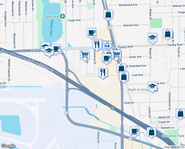 map of restaurants, bars, coffee shops, grocery stores, and more near 10459 Ethel Court in Rosemont