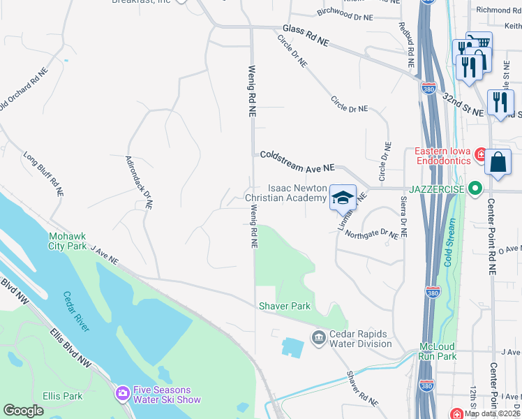 map of restaurants, bars, coffee shops, grocery stores, and more near 1624 Wenig Road Northeast in Cedar Rapids
