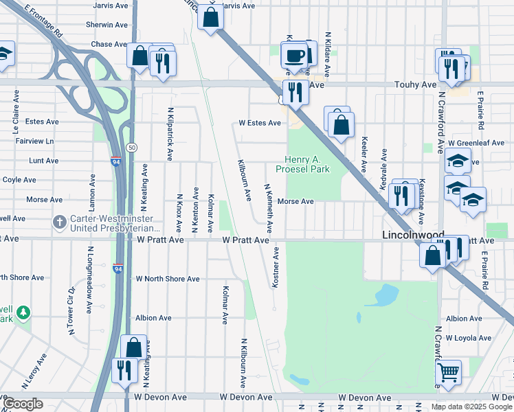 map of restaurants, bars, coffee shops, grocery stores, and more near 6854 Kenneth Avenue in Lincolnwood