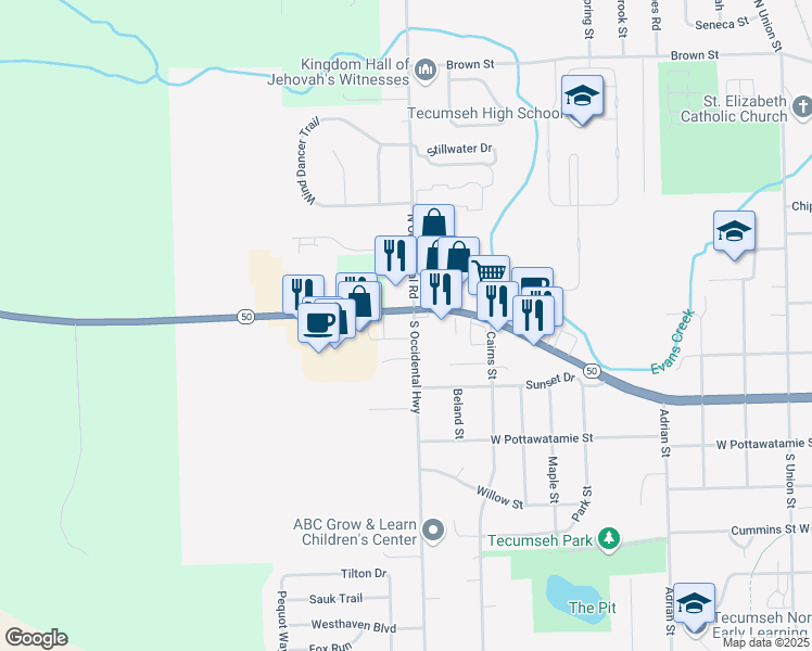 map of restaurants, bars, coffee shops, grocery stores, and more near 1300 West Chicago Boulevard in Tecumseh