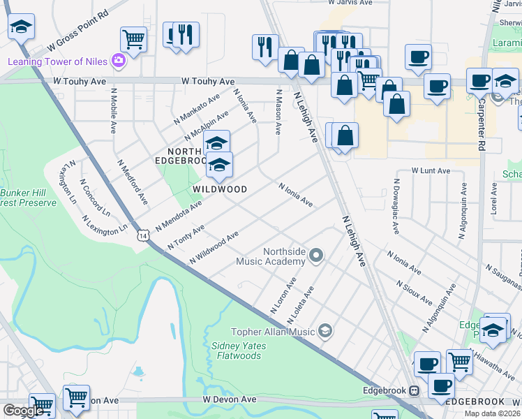 map of restaurants, bars, coffee shops, grocery stores, and more near 6854 North Wildwood Avenue in Chicago